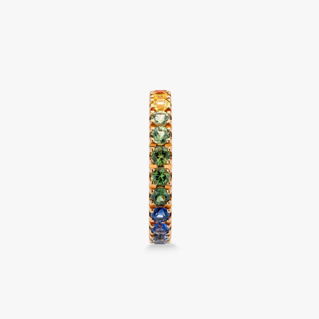 Rose gold ring with rainbow sapphires made by Maison De Greef