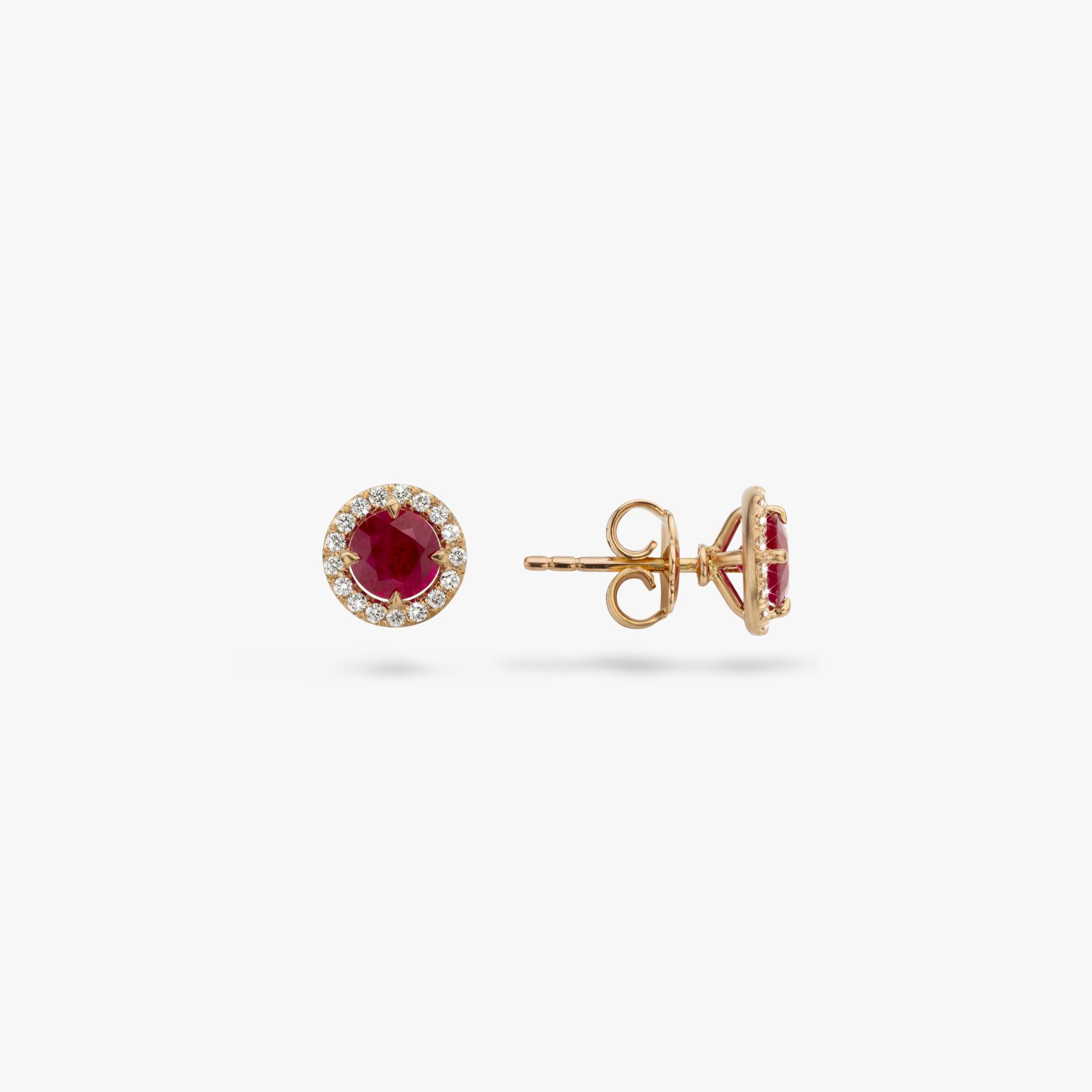 Rose gold earrings set with rubies and brilliant cut diamonds made by Maison De Greef