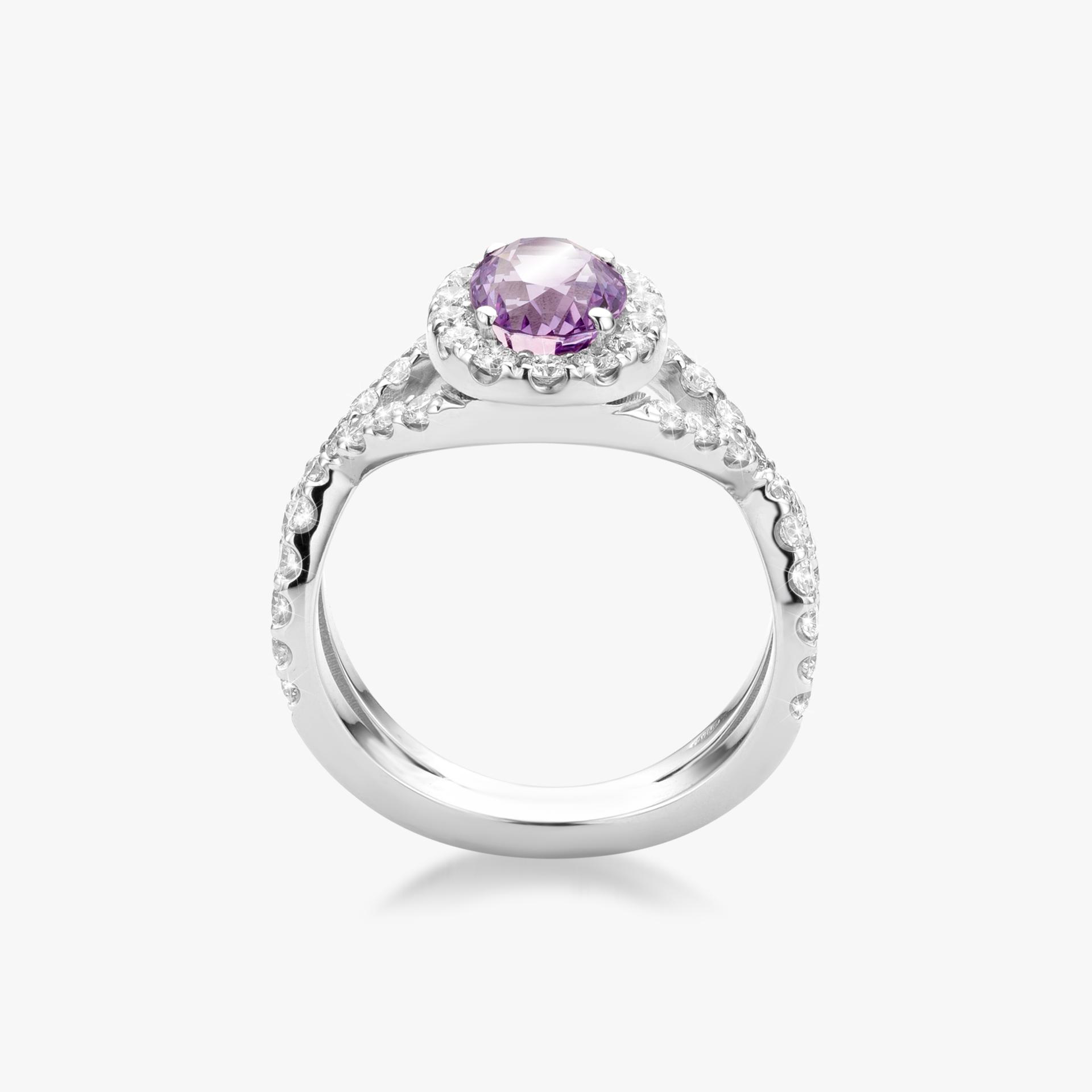 White gold ring set with rose sapphire and brilliant cut diamonds made by Maison De Greef