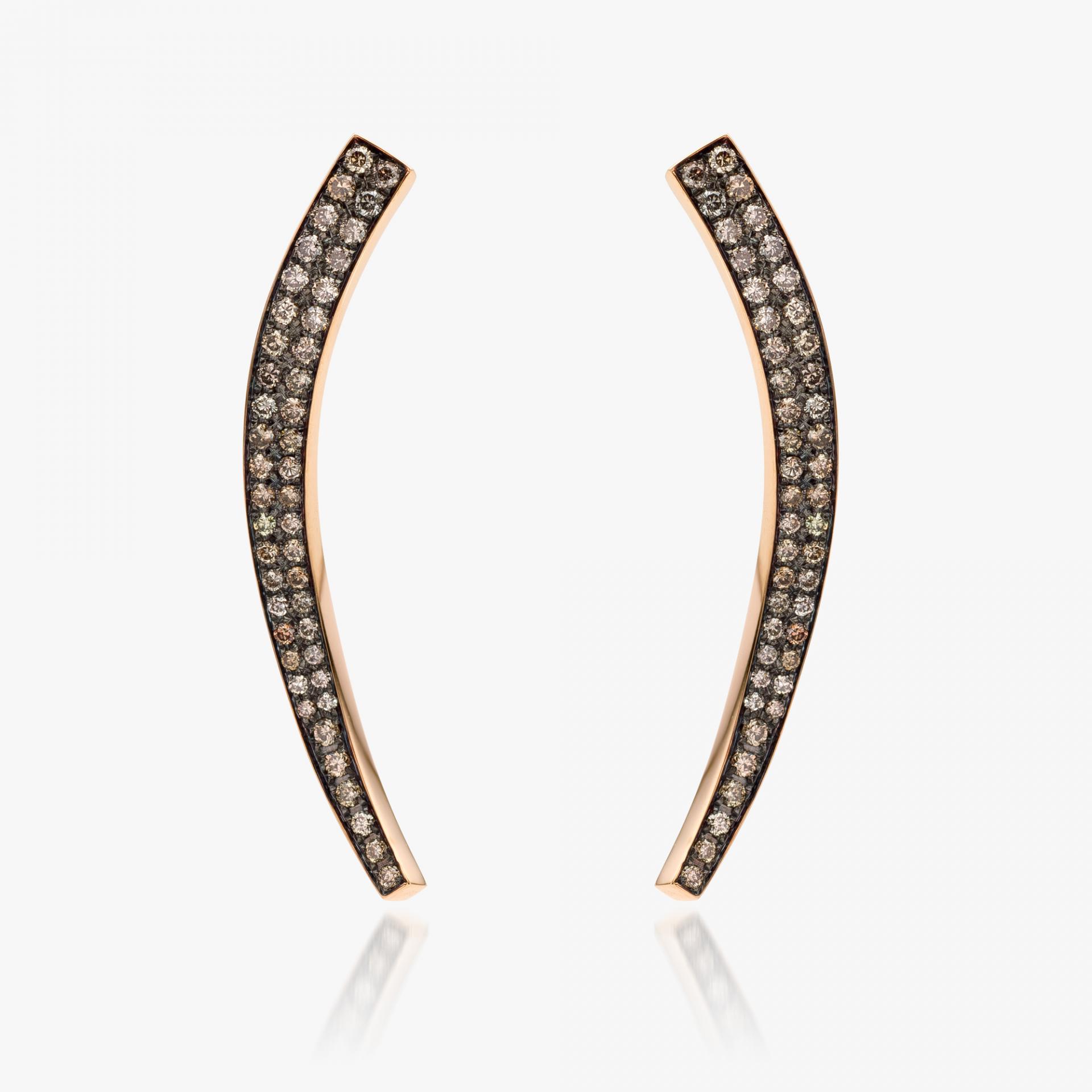 Assymetrical rose gold earrings set with brilliant cut brown diamonds made by Maison De Greef