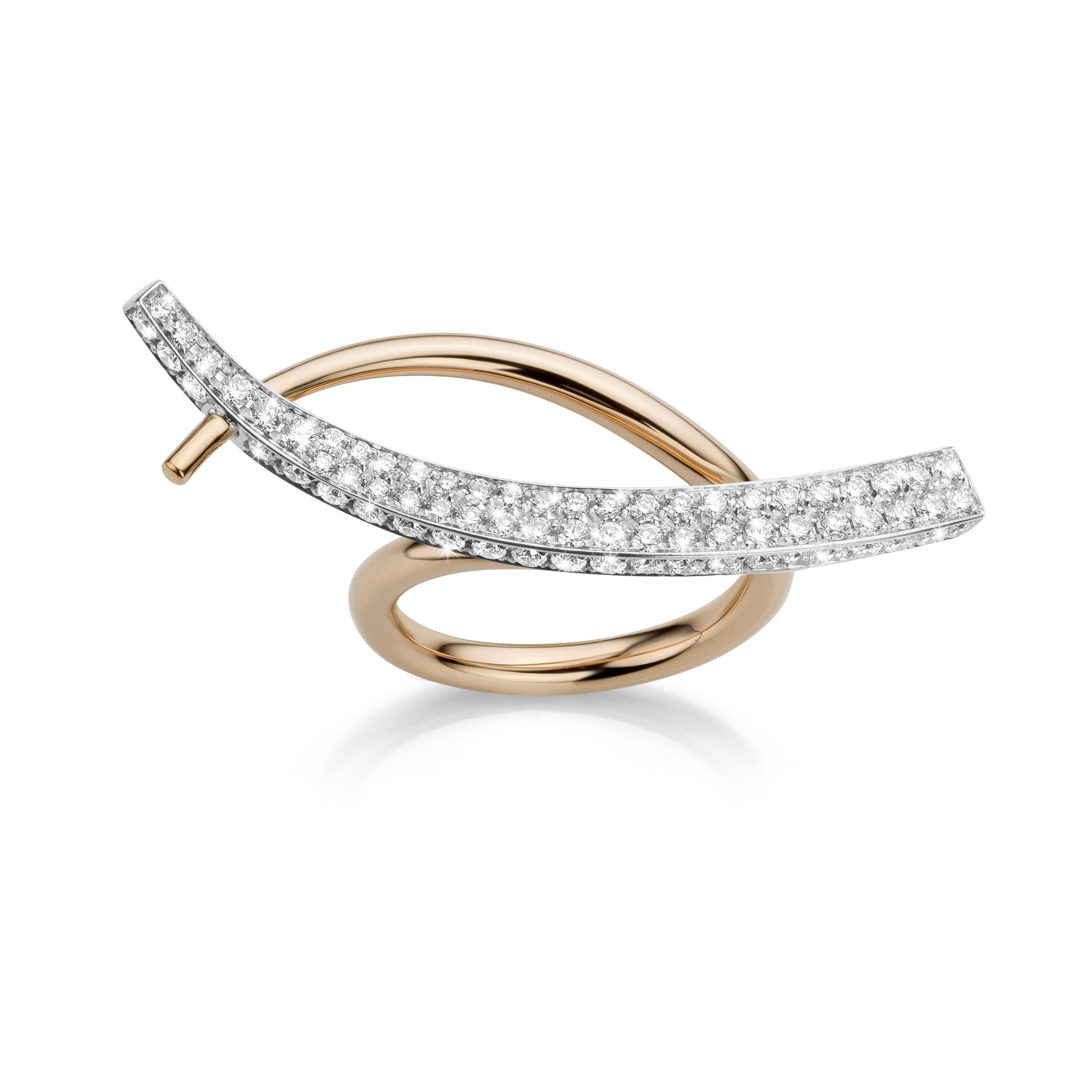 White and rose gold ring set with brilliant cut diamonds made by Maison De Greef