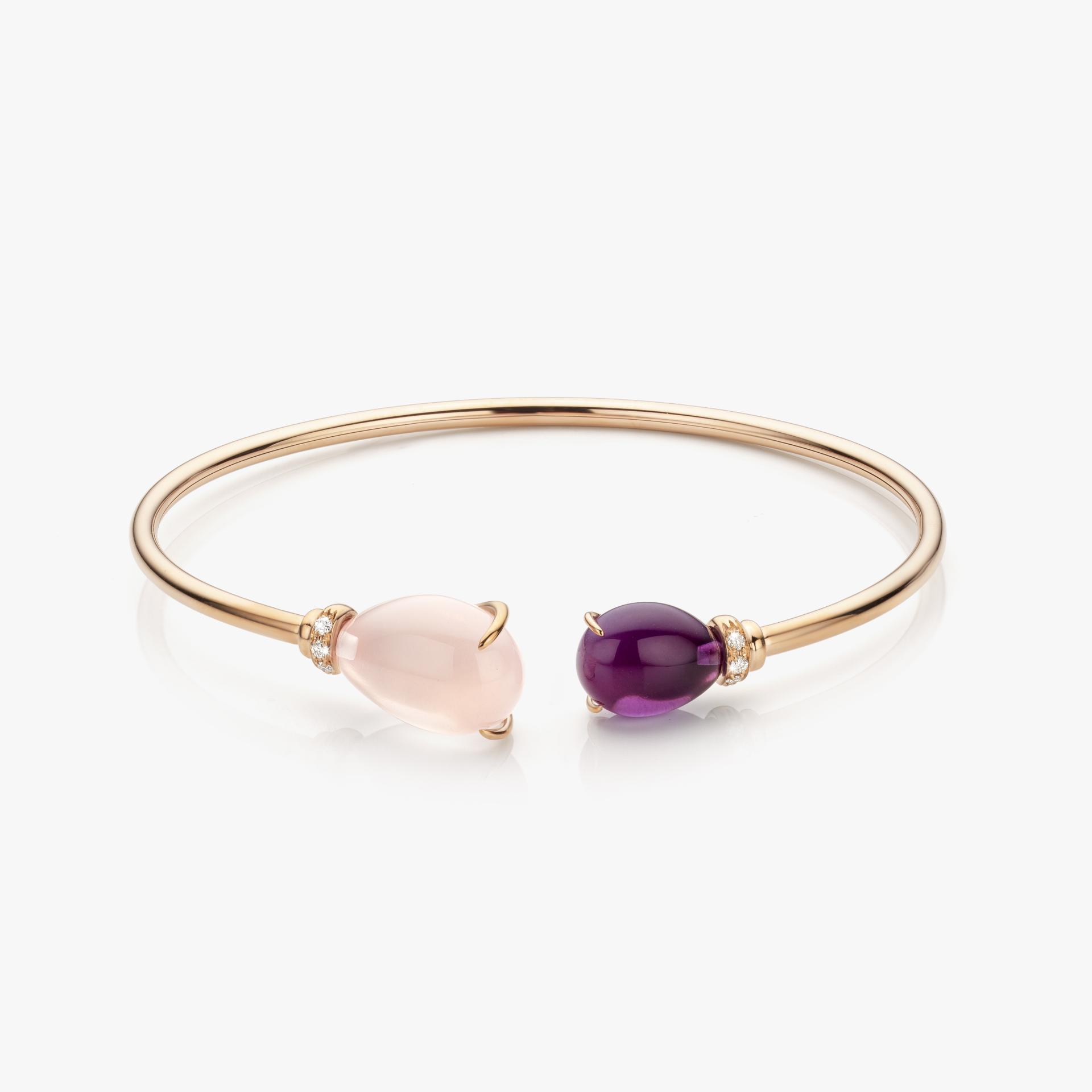 Rose gold bracelet set with pink quartz, amethyst and diamonds made by Maison De Greef