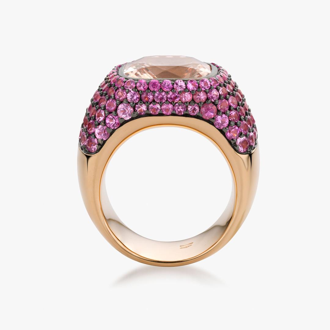 Solis ring in rose gold set with morganite and pink sapphires made by Maison De Greef