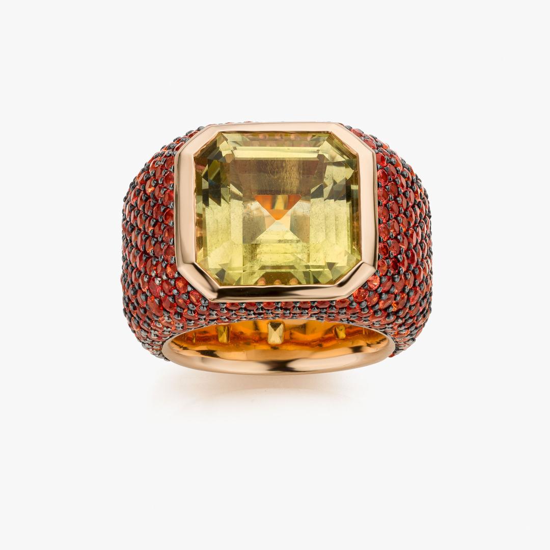 Solis ring in rose gold set with a citrine and orange sapphires made by Maison De Greef