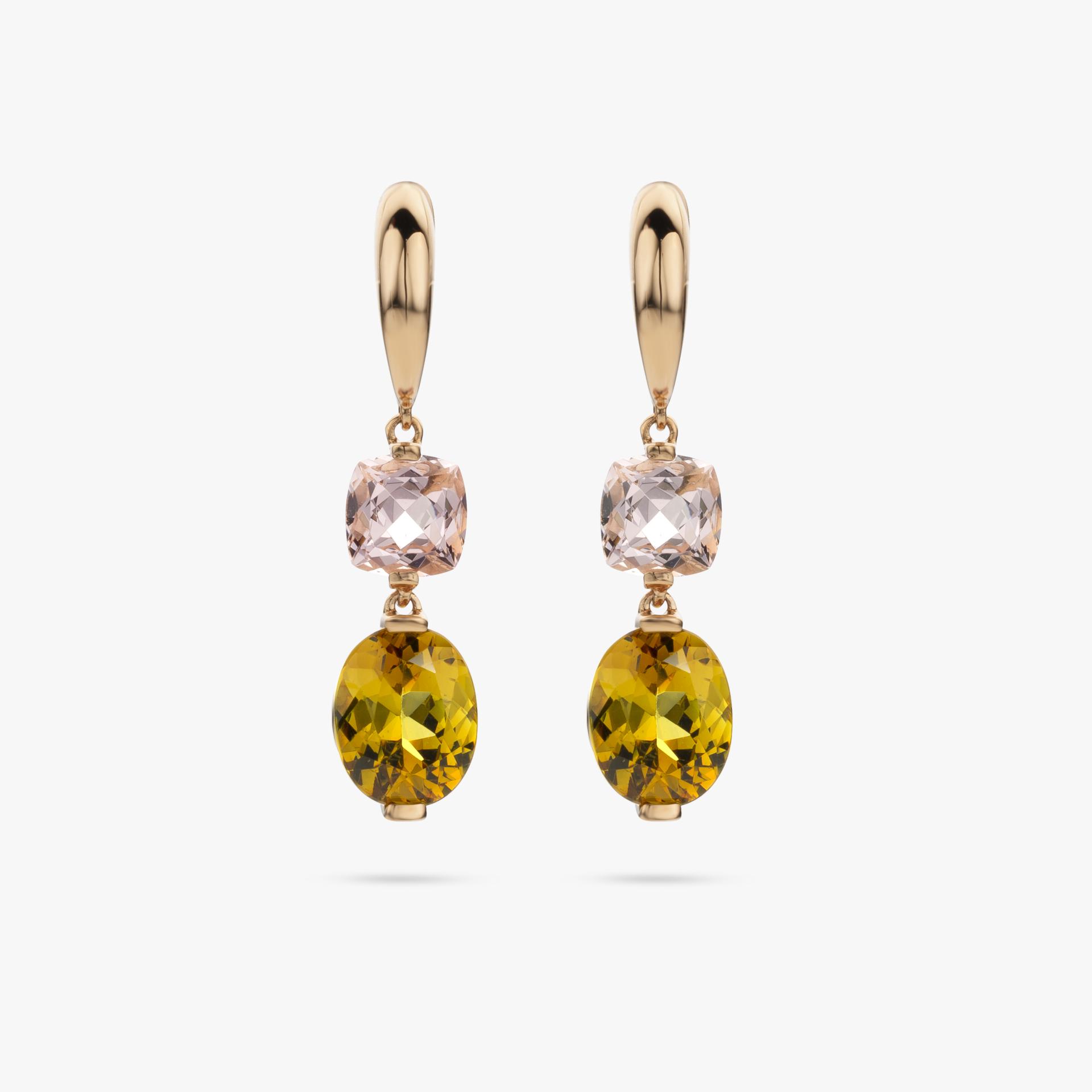 Rose gold earrings set with pink morganite and green garnet made by Maison De Greef